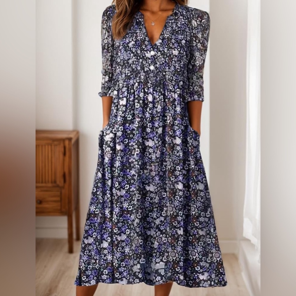 TIAFORD Womens Boho Floral Print V Neck Maxi Dress with Pockets SIZE XL